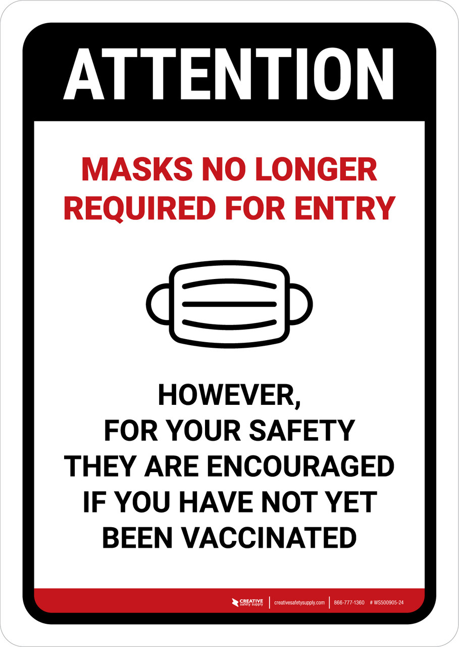 Masks No Longer Required For Entry Portrait Wall Sign