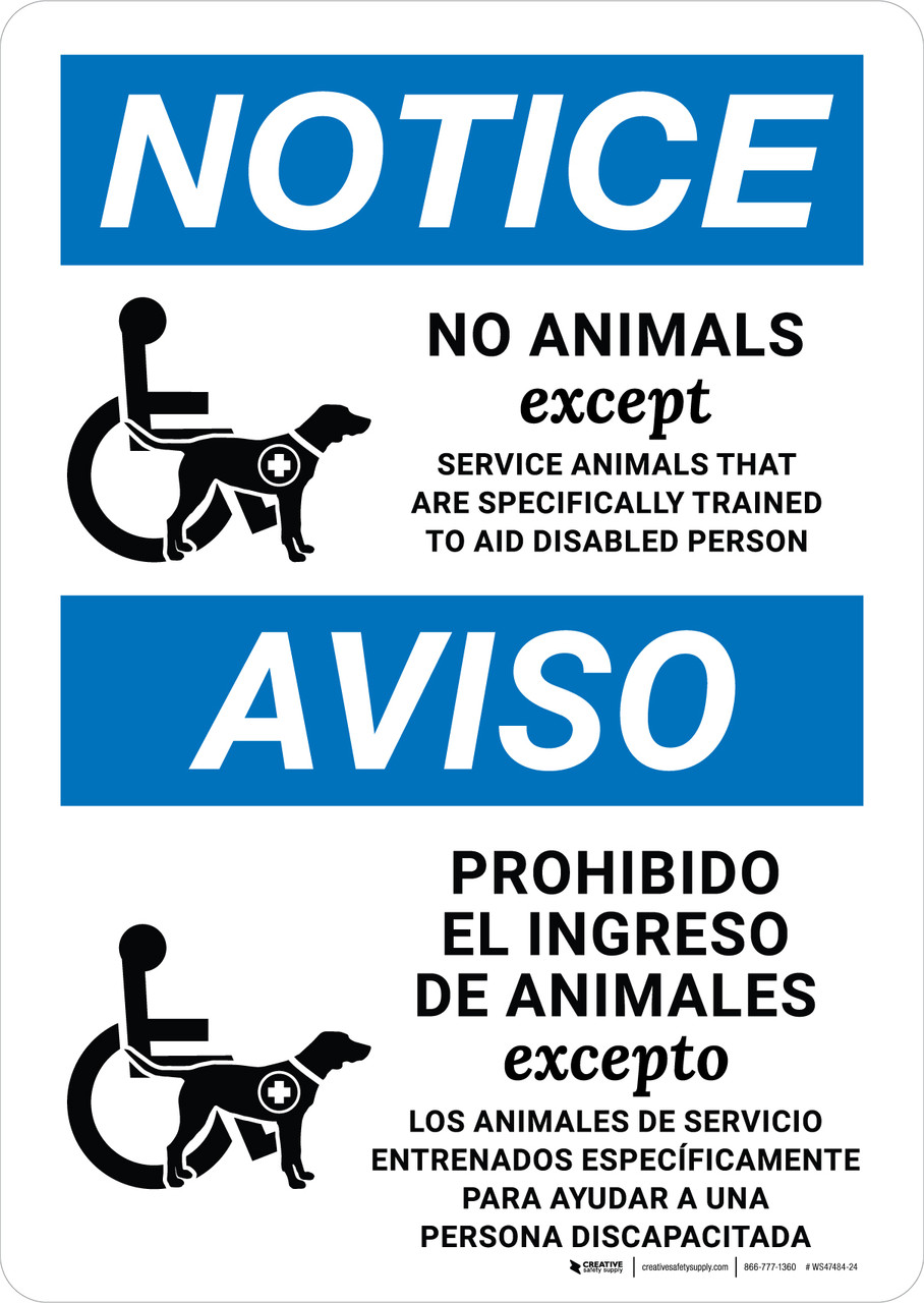 Notice: No Animals Except Service Animals Bilingual Spanish Portrait