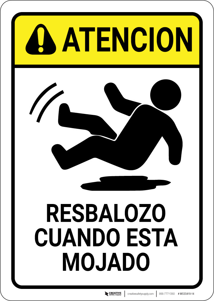 Caution Slippery When Wet Spanish Wall Sign