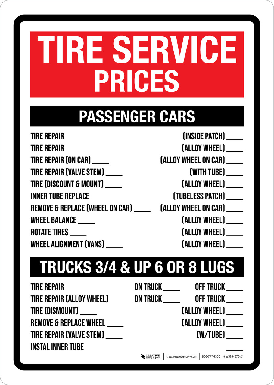 Tire Service Prices Portrait Wall Sign