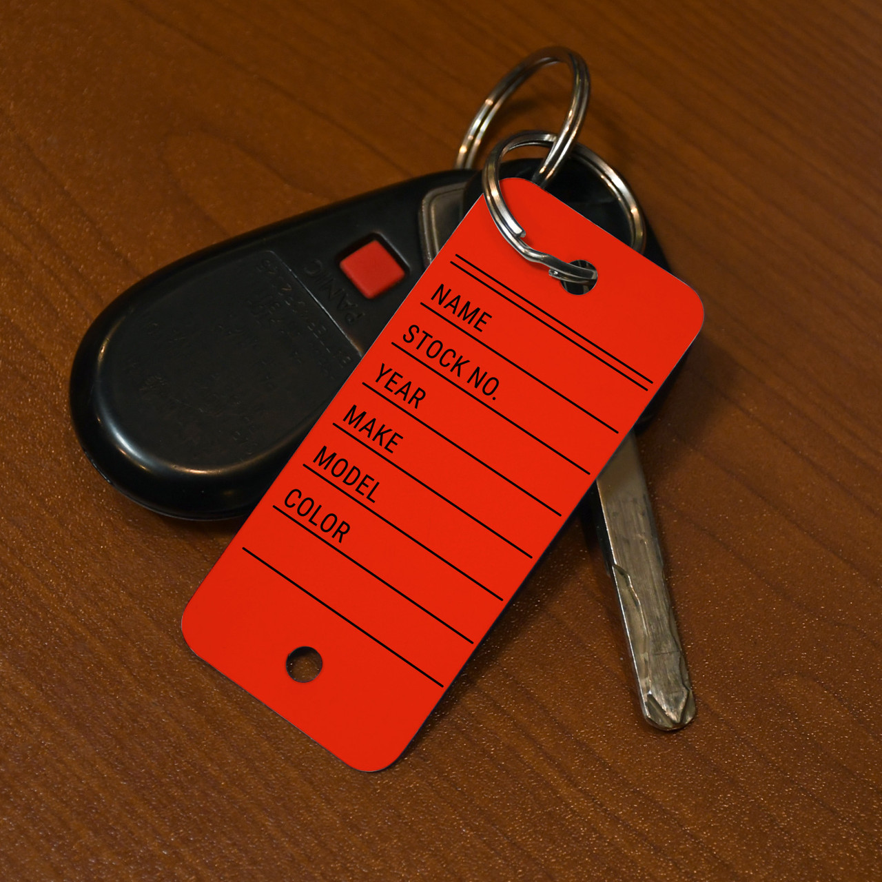 Name-Stock-Year Red - Auto Dealership Key Tags