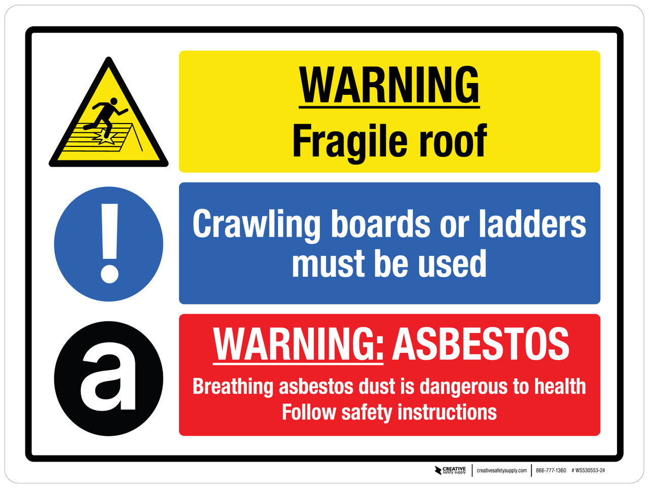 Cartello Pericolo Tetto Fragile Vsafety - 600x200 Mm, Plastica Rigida 1mm, Con Adesivi - Conforme EN ISO 7010