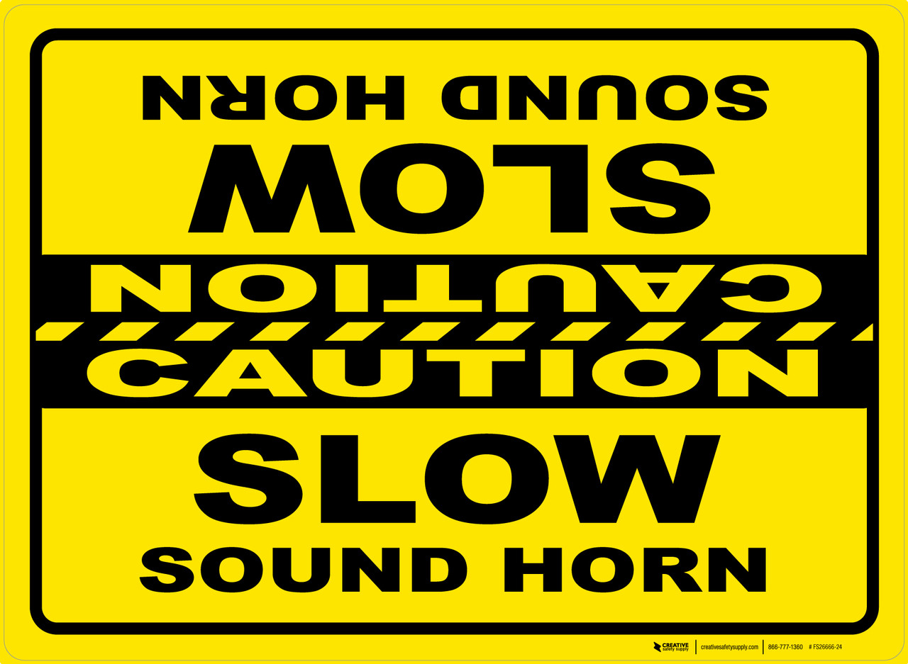 Caution: Slow Sound Horn Mirrored Rectangular - Floor Sign
