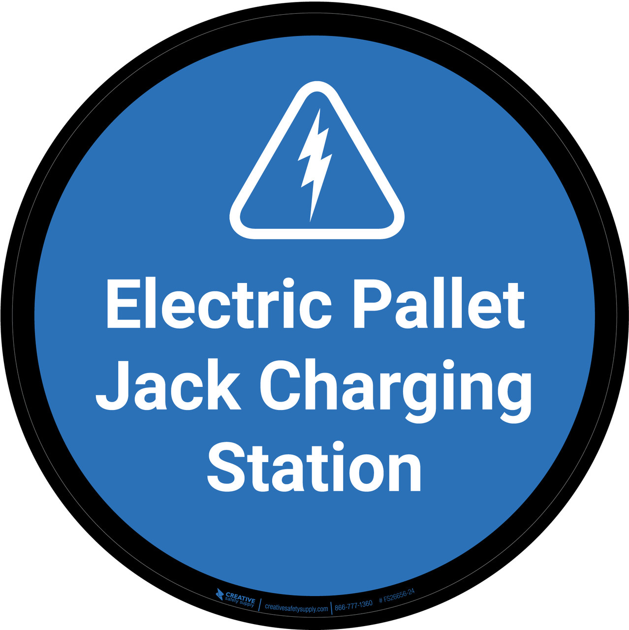 Electric Pallet Jack Charging Station Blue with Hazard Icon Circular