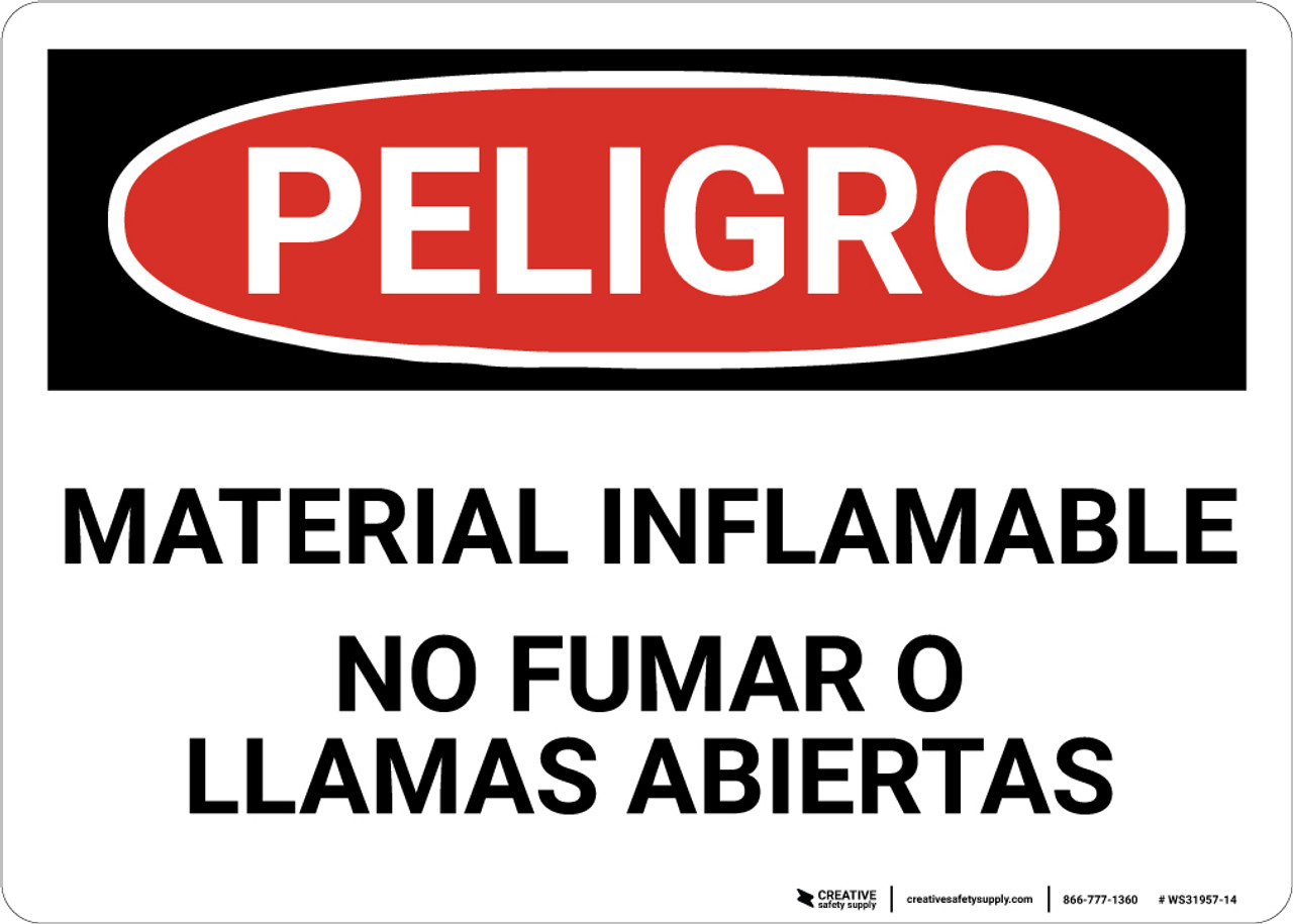 Danger Spanish Flammable Material No Smoking Flames Wall Sign