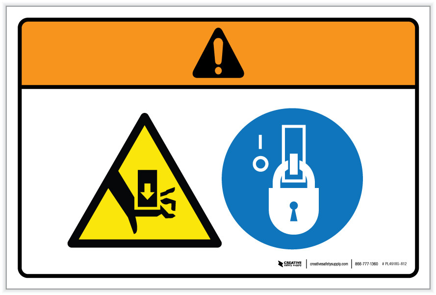 Warning: Hand Crush Force Lockout Tagout (Wordless ISO/ANSI) - Label