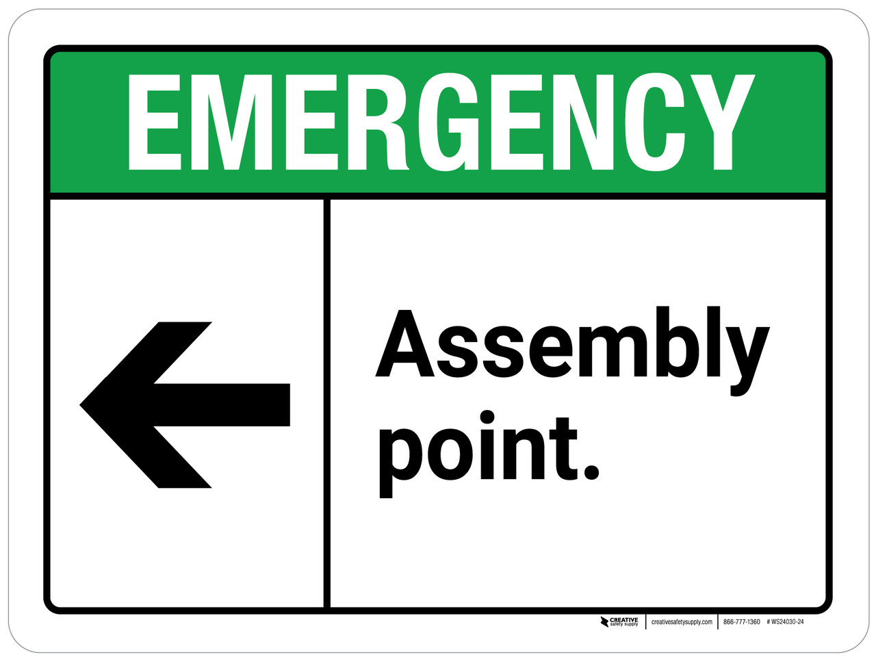 Emergency: Assembly Point with Left Arrow ANSI Landscape - Wall Sign