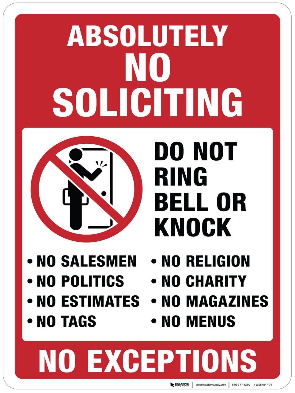 Absolutely No Soliciting, Do Not Ring Bell or Knock - Wall Sign