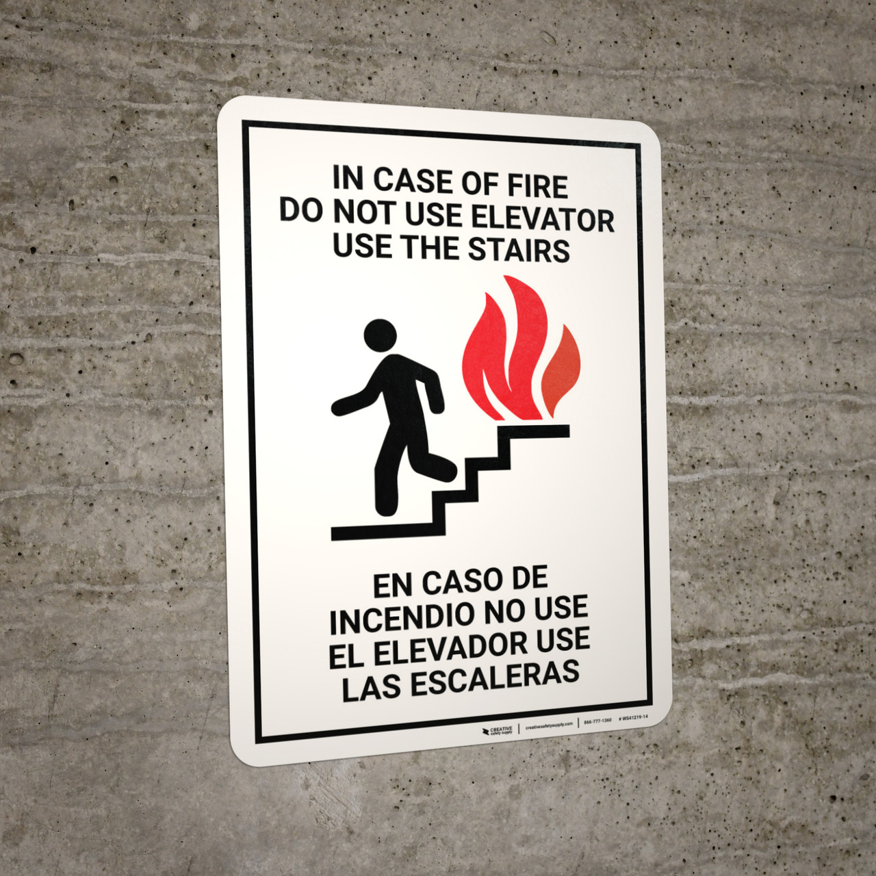 Elevator Fire Use Stairs Bilingual Spanish Wall Sign