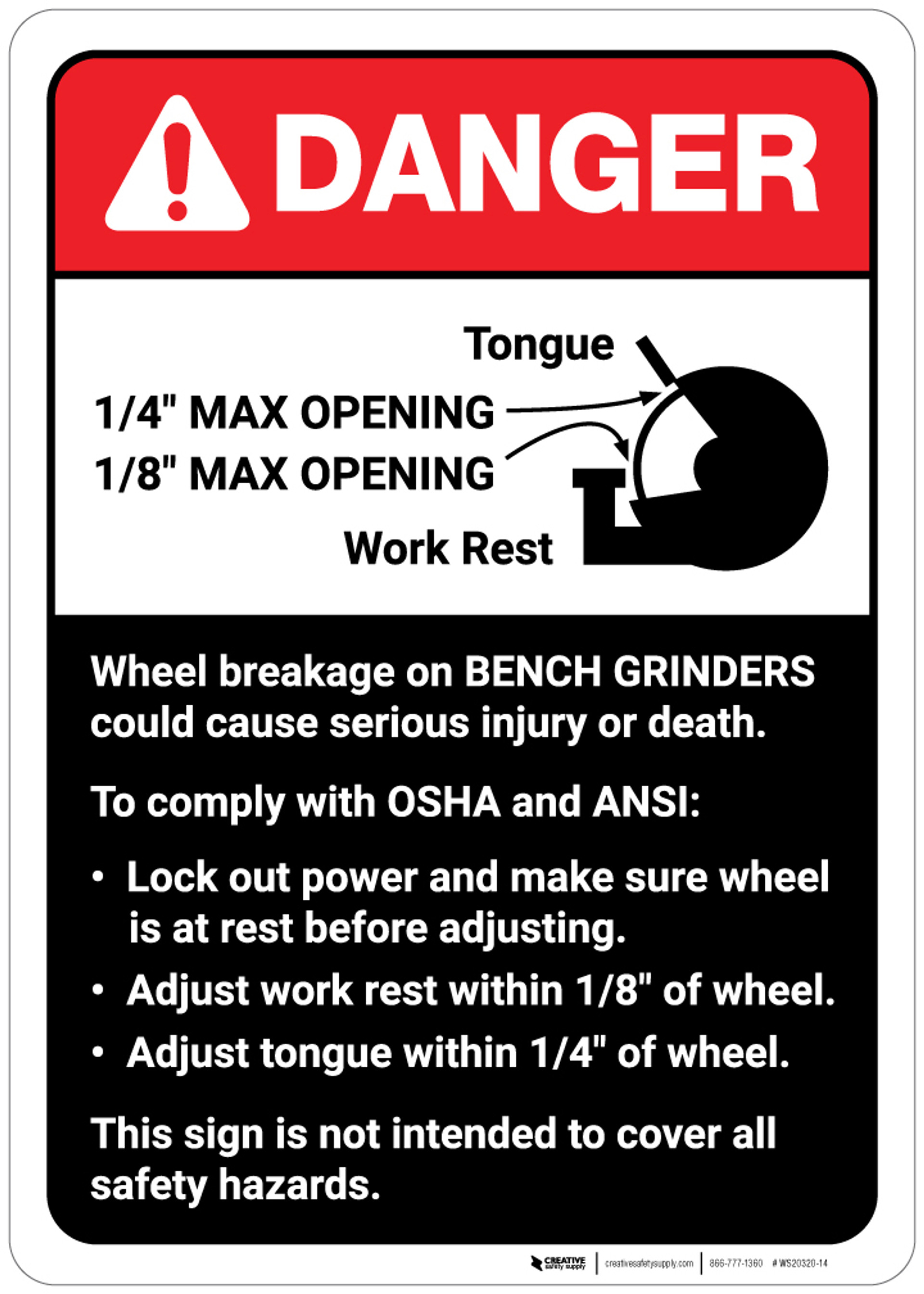 Danger Wheel Breakage/Bench Grinder Guidelines ANSI Wall Sign Creative Safety Supply