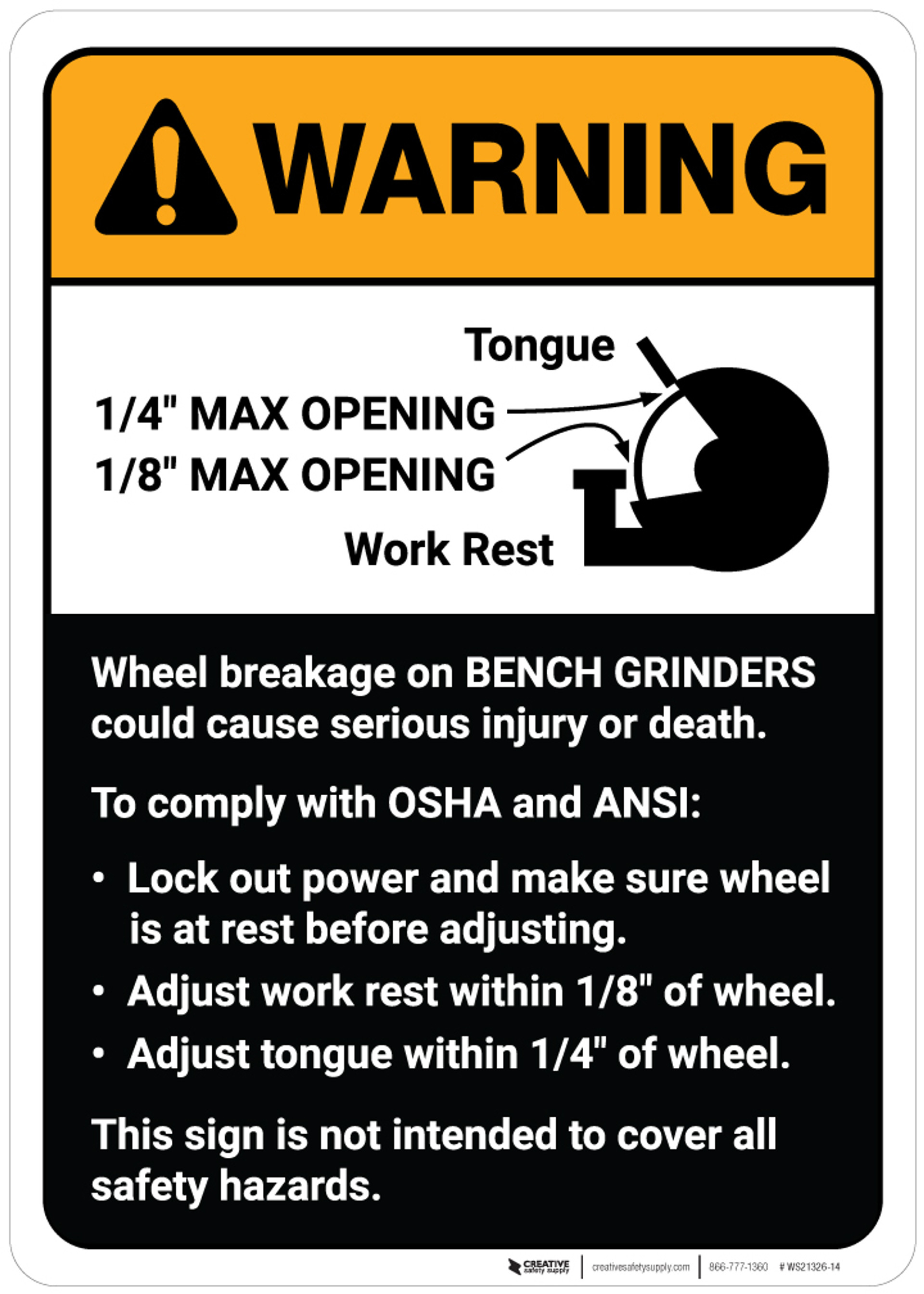 Warning Wheel Breakage/Bench Grinder Guidelines ANSI Wall Sign
