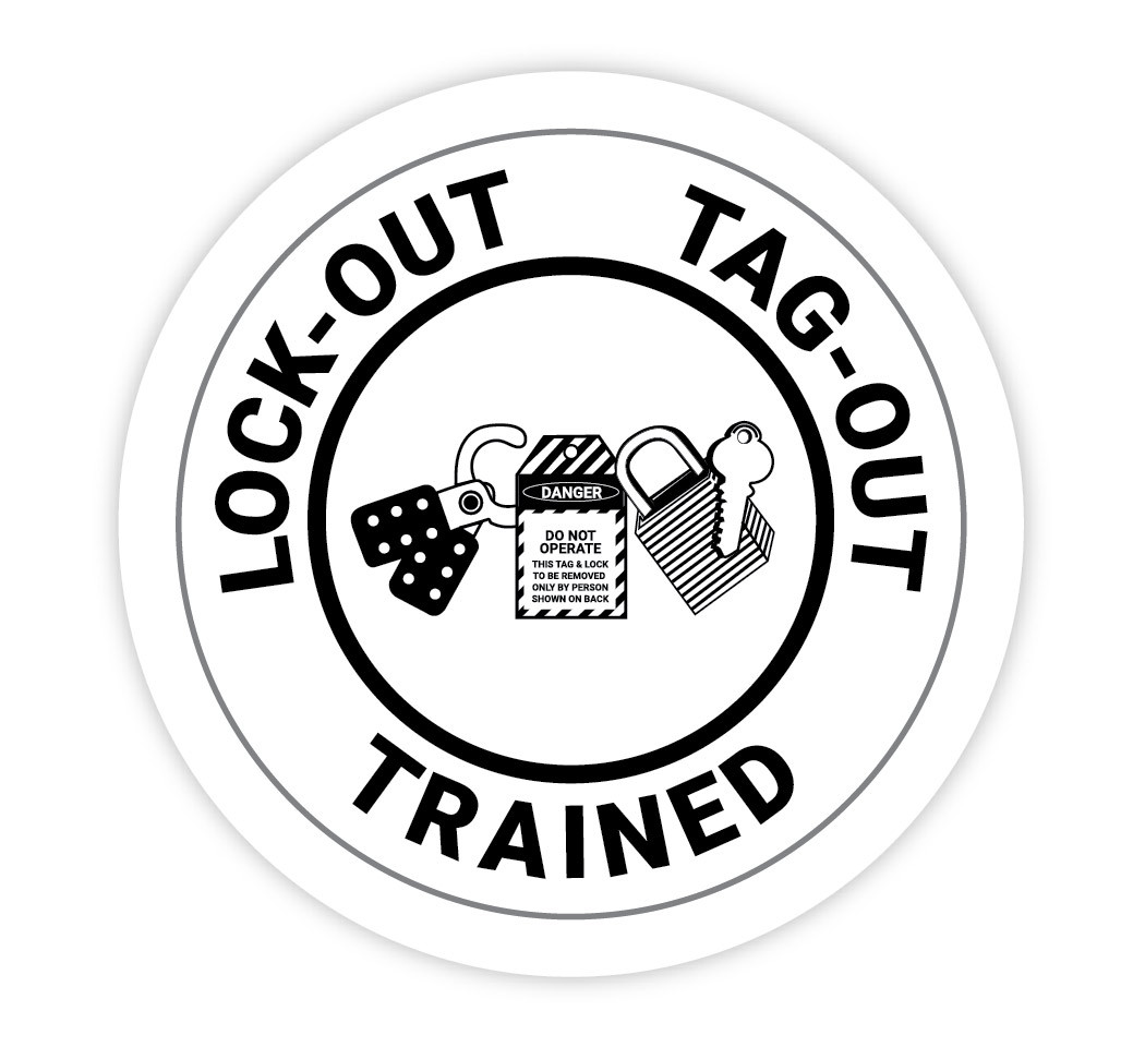 lock-Out Tag-Out Trained White - Hard Hat Sticker