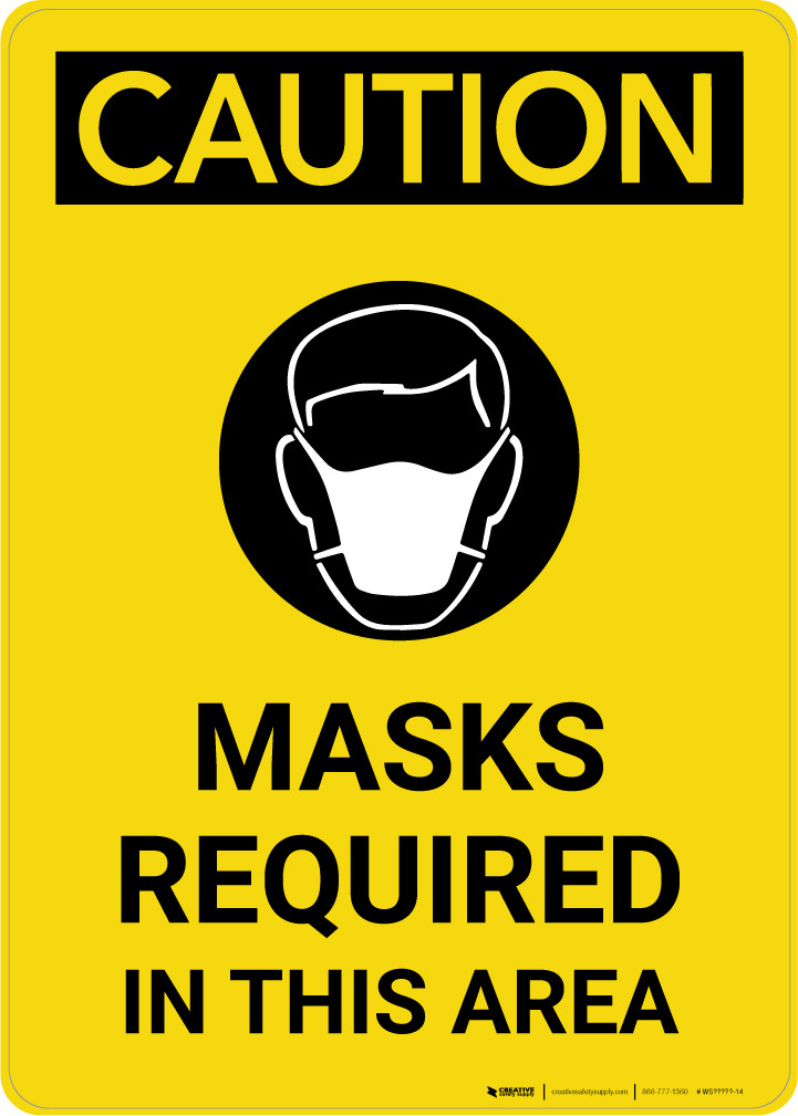 Caution Masks Required In This Area with Icon Portrait Wall Sign