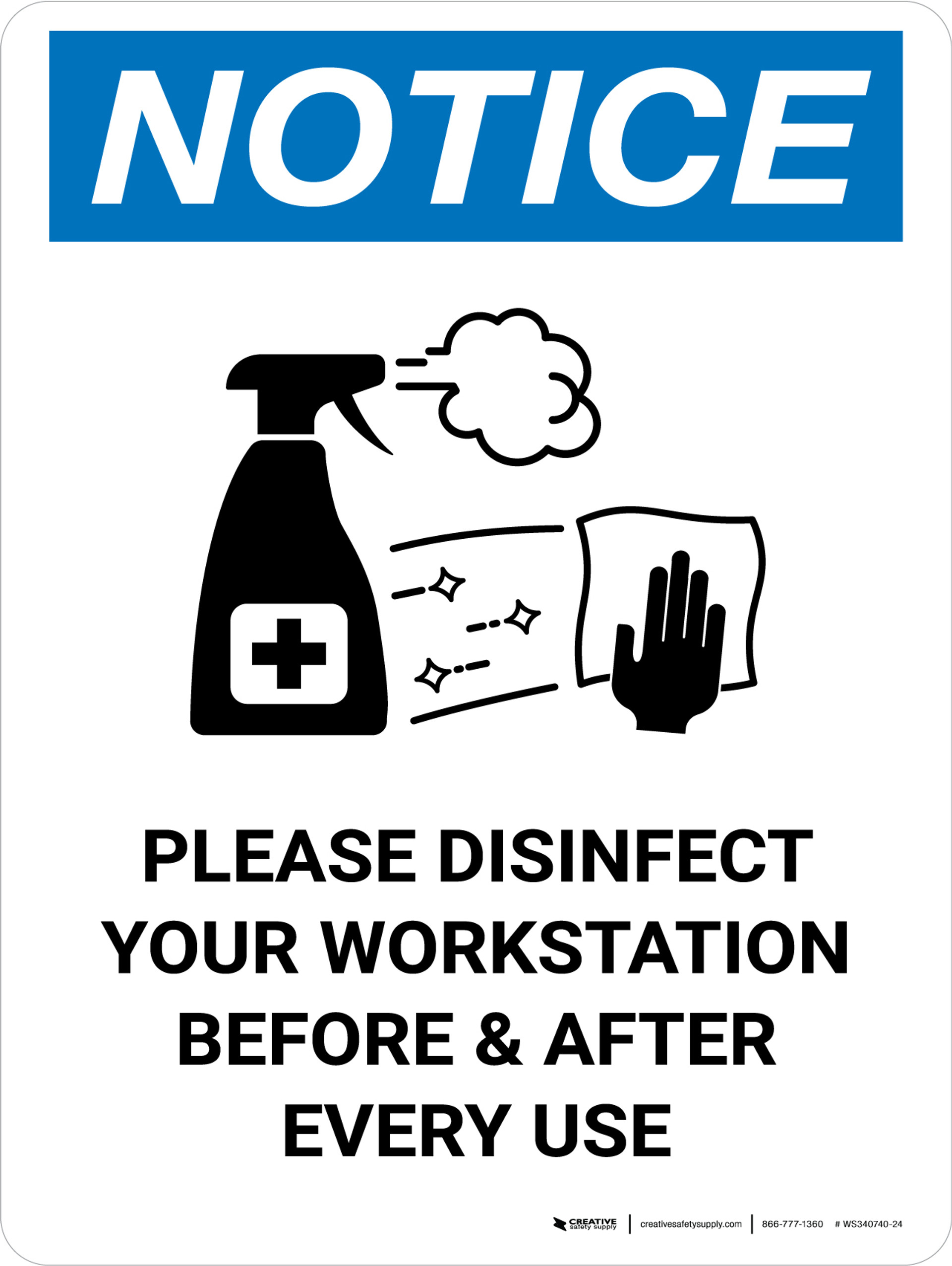 Notice Please Disinfect Your Workstation with Icon Portrait Wall Sign