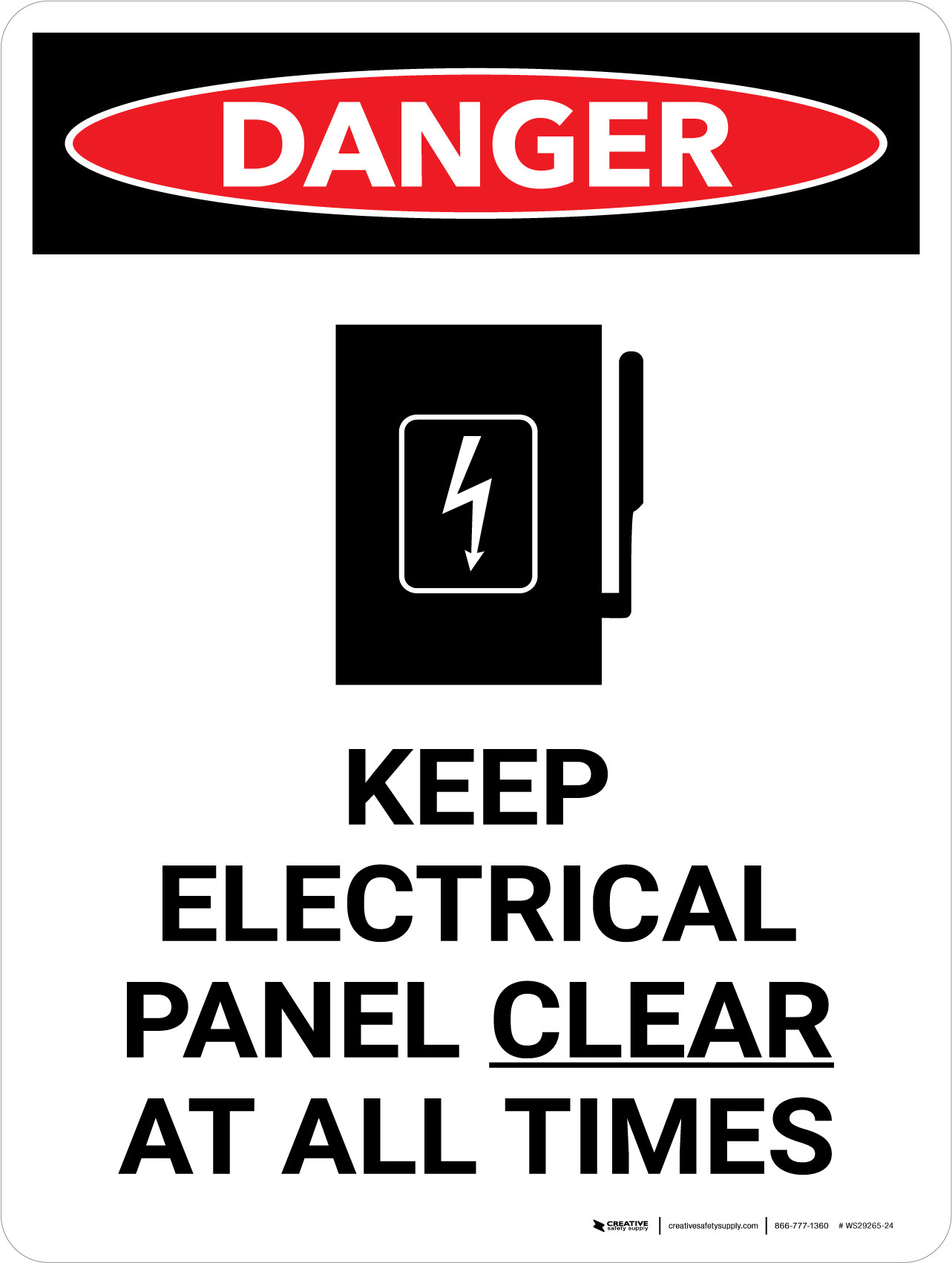 Danger Keep Electric Panel Area Clear At All Times Portrait with Icon