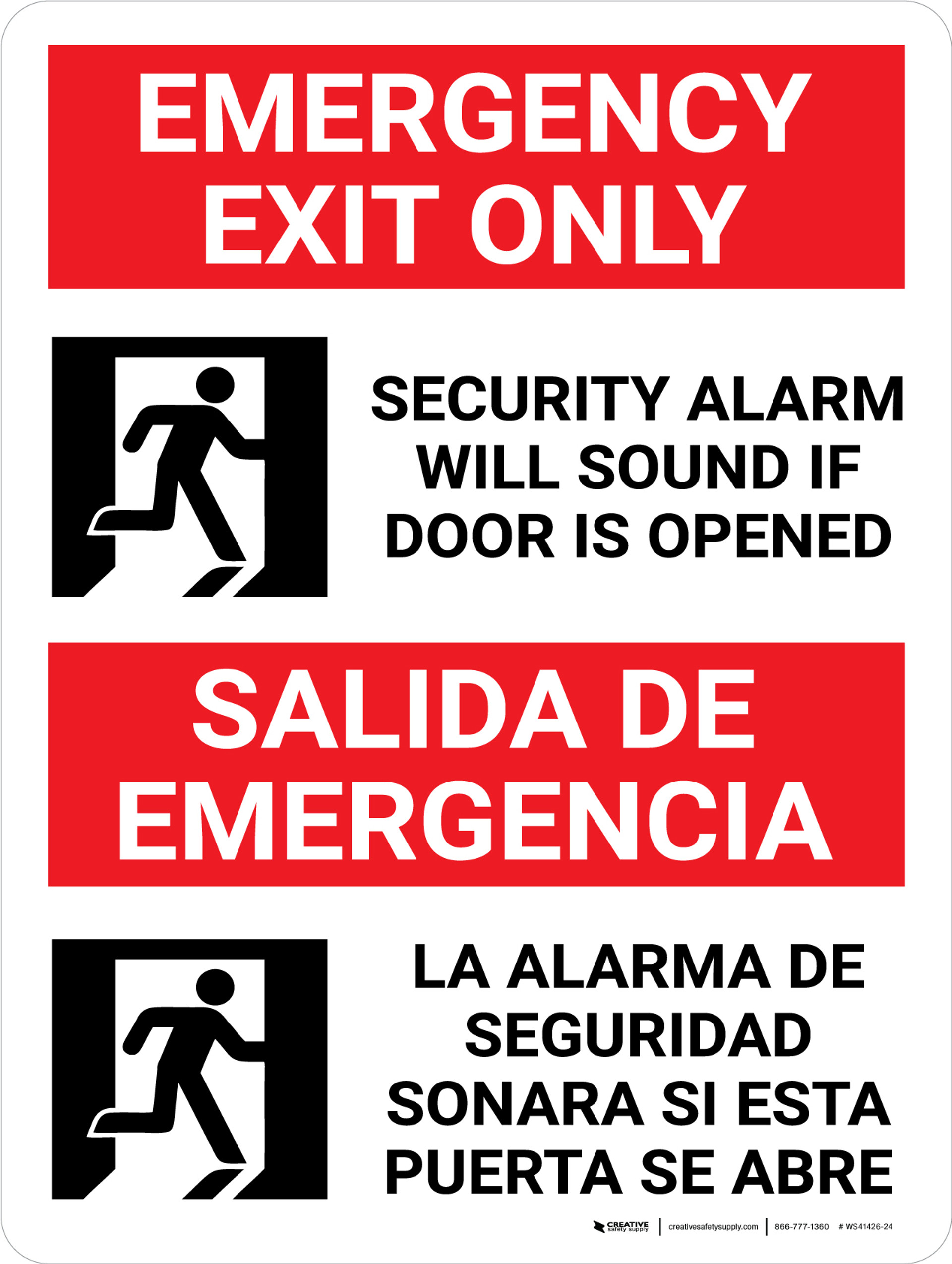 Emergency Exit Only Bilingual Spanish with Icon Wall Sign