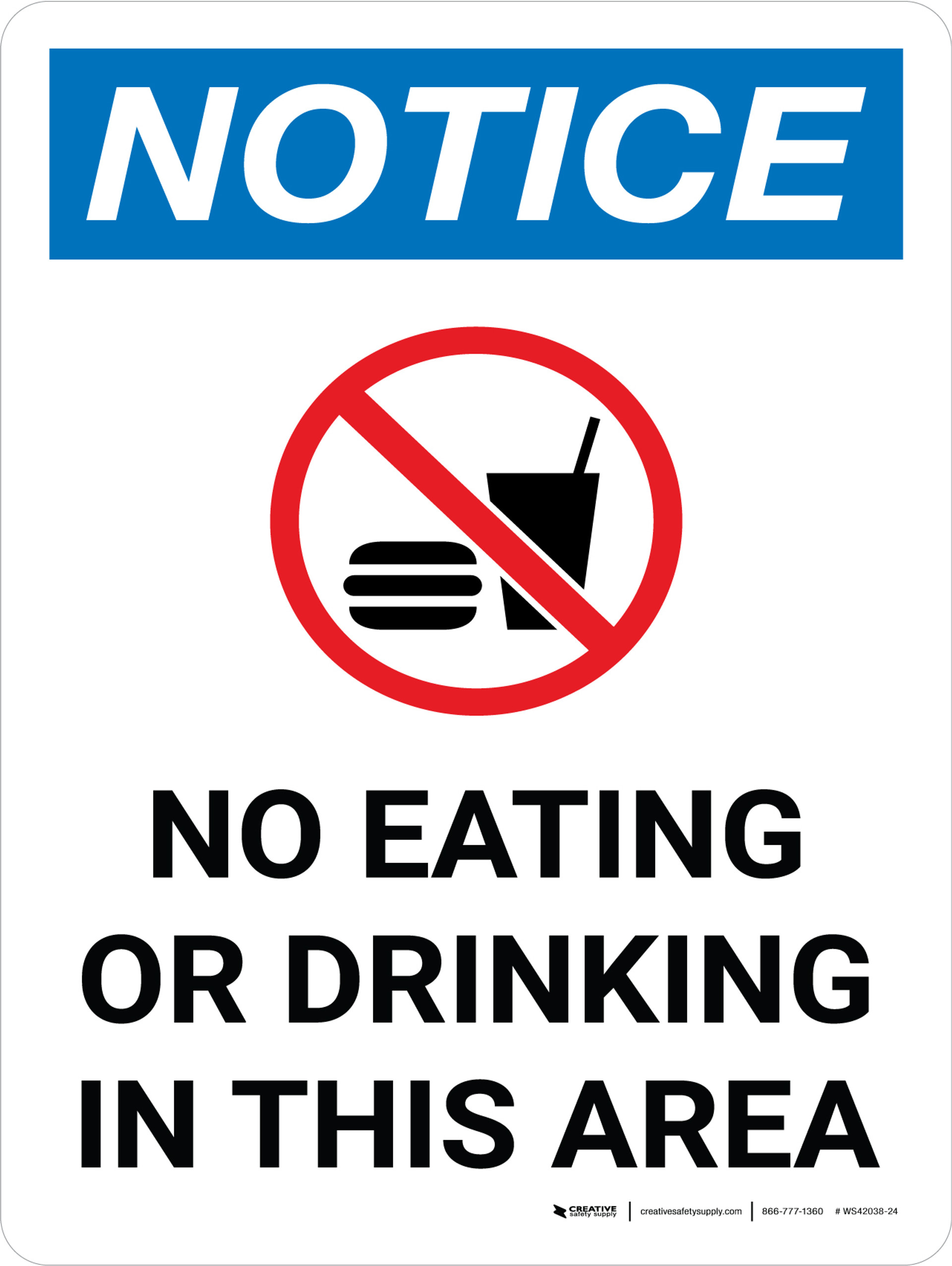 Notice No Eating or Drinking in This Area Portrait with Icon Wall Sign