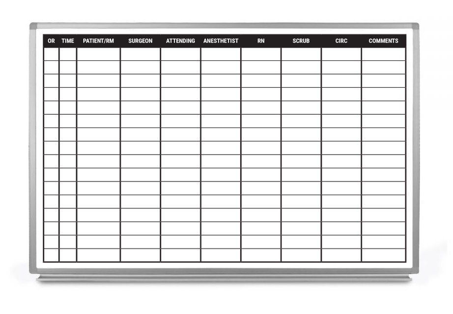 OR Schedule Dry Erase Hospital Whiteboard (Version 1)