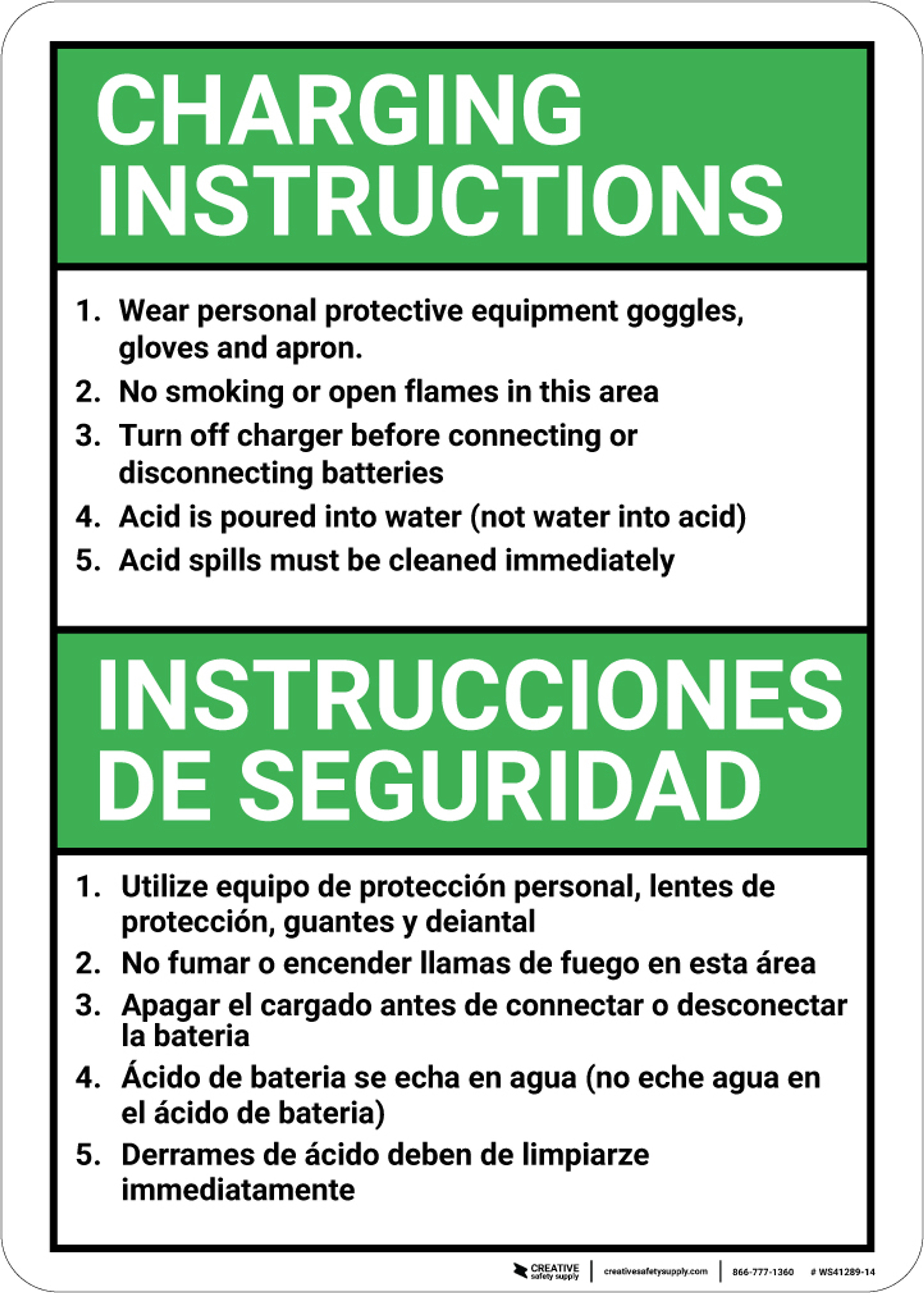 Bilingual Spanish Battery Charging Instructions Wall Sign Creative