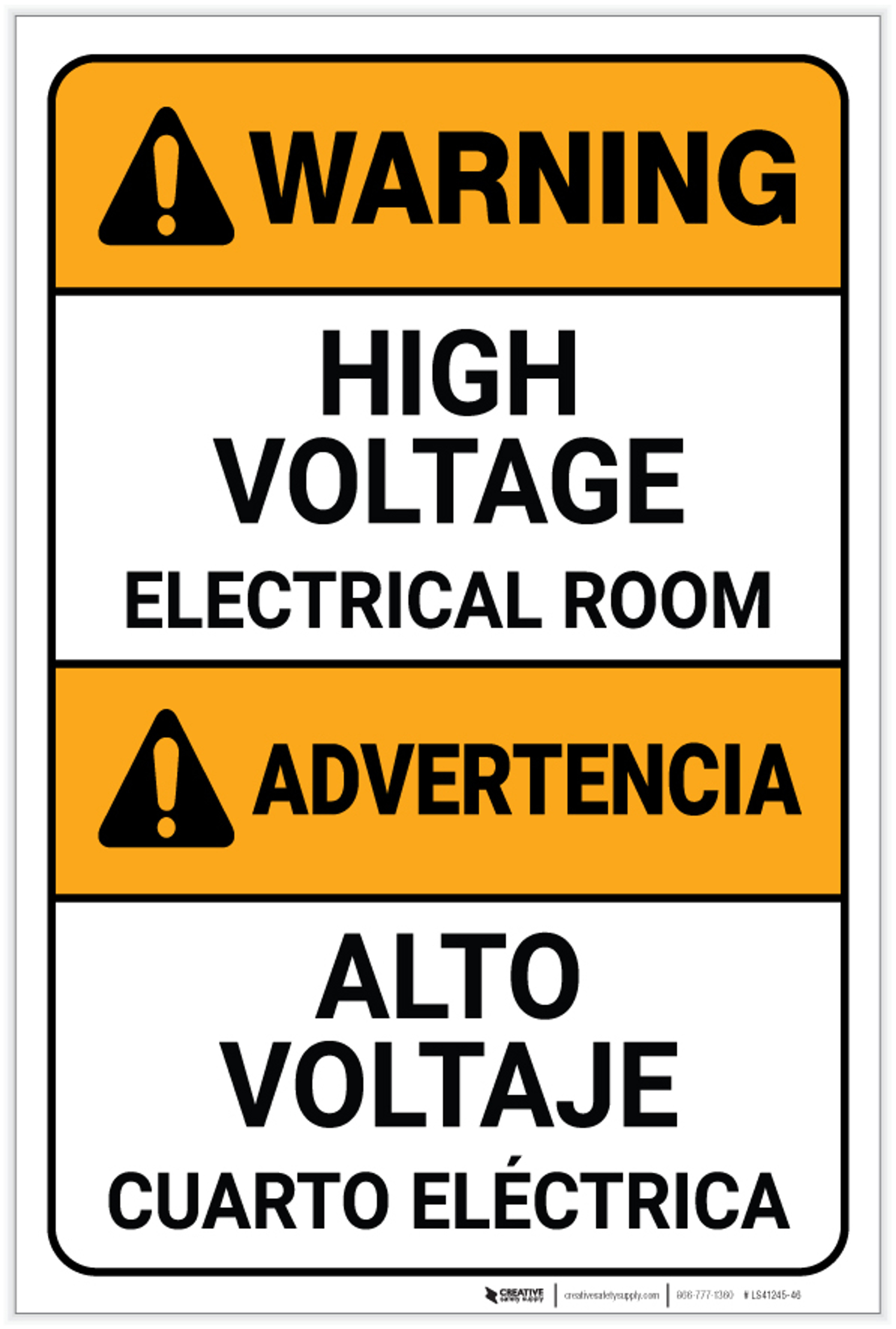 Warning High Voltage Electrical Room Bilingual Spanish Label