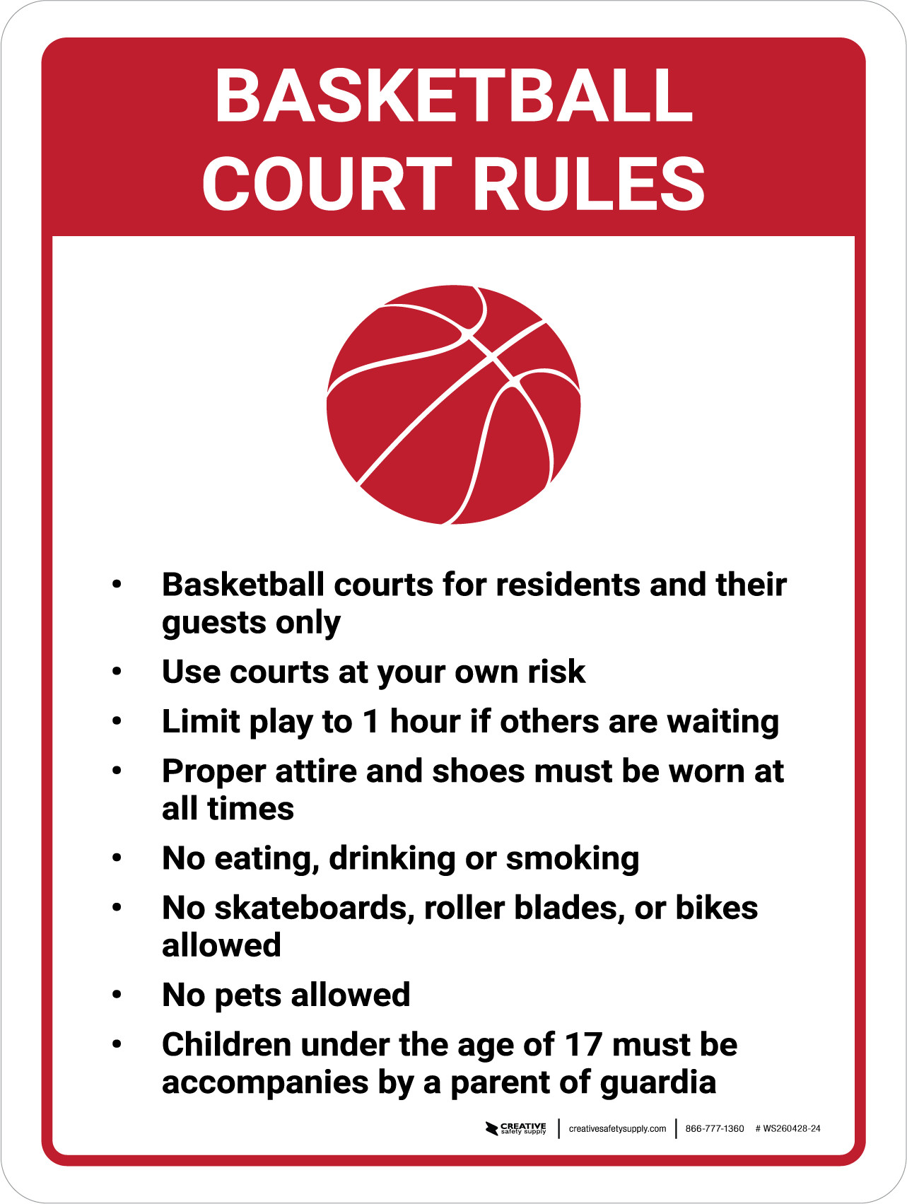 Basketball Court Rules Portrait with Icon Wall Sign