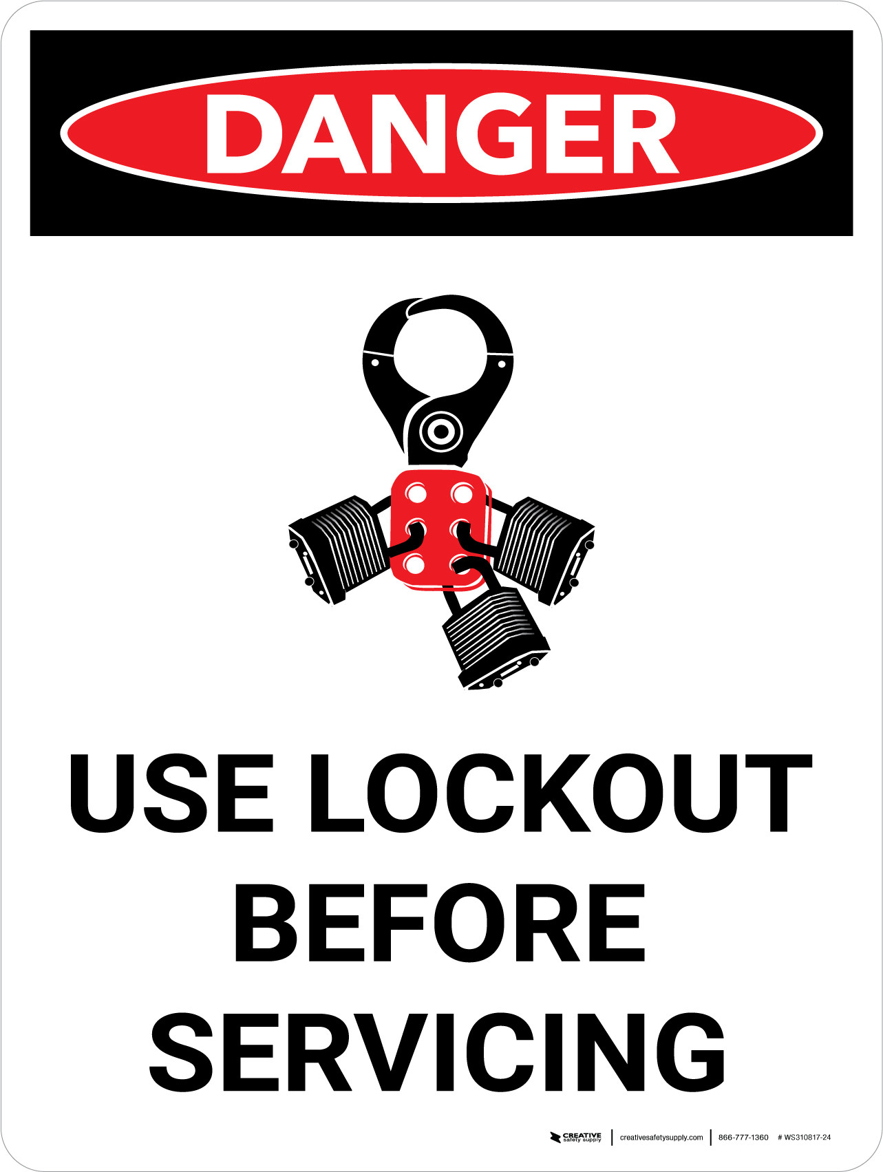 Danger: Use Lockout Before Servicing Portrait with Icon - Wall Sign