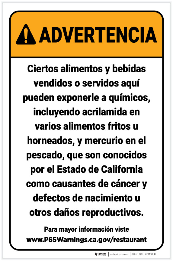 Warning Food And Non Alcoholic Beverage Spanish Prop 65 Portrait Label