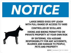 Notice: Large Breed Dogs Off Leash With Full Range of Access to