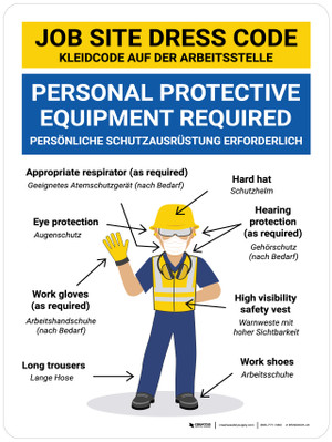 Job Site Dress Code Personal Protection Required Spanish Bilingual Wall Sign WS50396