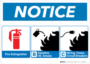 Notice: Fire Extinguisher and Flammable Materials with Icons - Wall Sign