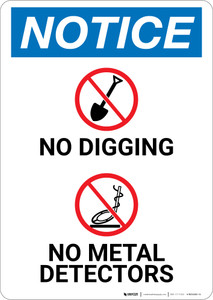 Notice: No Digging No Metal Detectors with Icons - Wall Sign