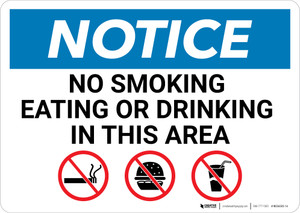 Notice: No Smoking Eating Or Drinking In This Area with Icons - Wall Sign