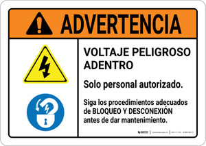 Warning: Hazardous Voltage Follow Lockout Procedures Spanish with Icons Landscape ANSI - Wall Sign