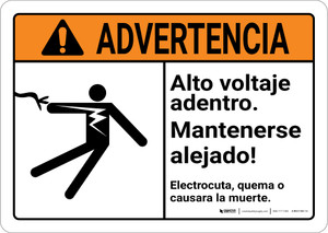 Warning: High Voltage Inside Keep Out Spanish with Electrocution Graphic Landscape ANSI - Wall Sign