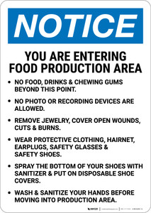 Notice: Food Production Area Bulleted List Portrait - Wall Sign