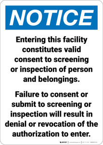 Notice: Facility Screening Consent Portrait - Wall Sign