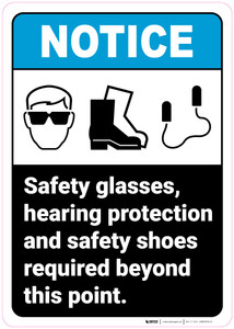 Notice: Safety Glasses Hearing Protection Shoes Required With Icons Portrait ANSI - Wall Sign