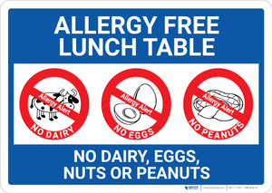 Allergy Free Lunch Table No Dairy Eggs or Nuts with Icons Landscape - Wall Sign