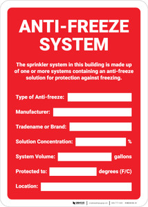Anti Freeze System Sprinkler Identification Portrait - Wall Sign