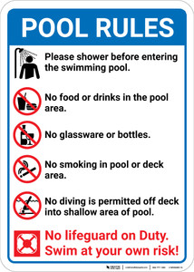 Pool Rules Please Shower Before Entering with Icons Portrait - Wall Sign