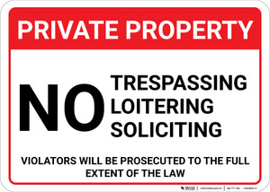 Private Property: No Trespassing Loitering Soliciting Violators Prosecuted Landscape - Wall Sign