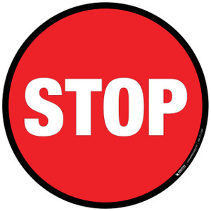 Floor sign.  Stop sign.  Round with black border.