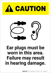 Caution: Ear Plugs Must Be Worn In This Area - Portrait Wall Sign