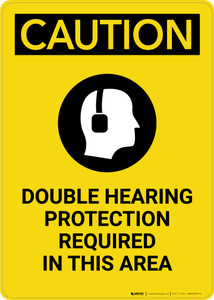 Caution: PPE Double Hearing Protection Required in This Area - Portrait Wall Sign