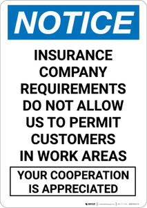 Notice: Customers Not Allowed Work Area - Portrait Wall Sign