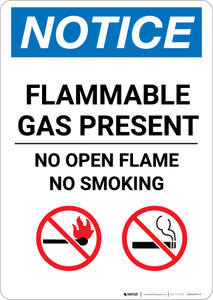 Notice: Flammable Gas Present No Open Flame No Smoking with Icons - Portrait Wall Sign