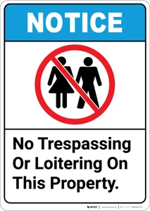 Notice: No Trespassing Or Loitering On This Property ANSI with Icon - Portrait Wall Sign
