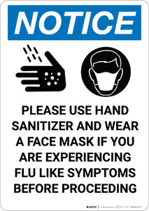 Notice: Please Use Hand Sanitizer Wear Face Mask For Flu Symptoms - Portrait Wall Sign