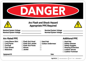 Danger: Arc Flash & Shock Hazard PPE Checklist Landscape