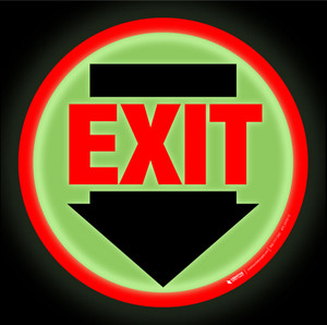 Glow: Red Exit Arrow Down (Circle) - Floor Sign